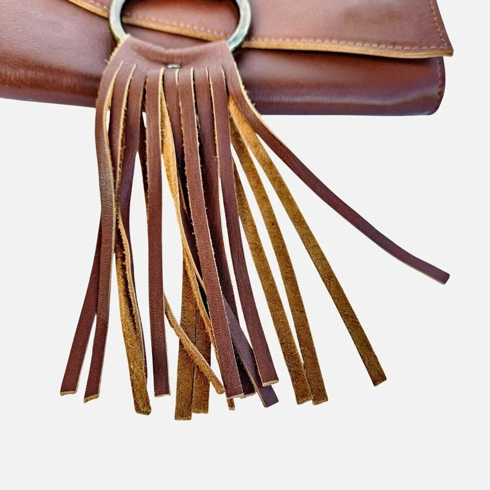 Vintage Leather Handbag Purse Clutch Wallet Fringe Brown Lisa Leonard - Picture 11 of 14
